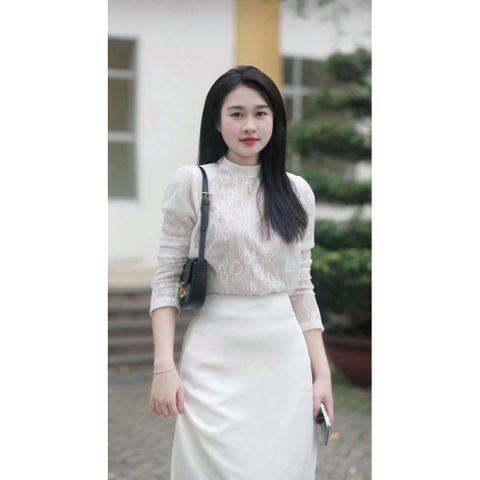 [Hàng May] Áo sơ mi ren công sở màu trắng sứ, thiết kế 2 lớp, vai phồng, dáng suông nhẹ, tay dài, cổ 3cm
