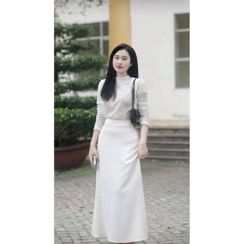 [Hàng May] Áo sơ mi ren công sở màu trắng sứ, thiết kế 2 lớp, vai phồng, dáng suông nhẹ, tay dài, cổ 3cm