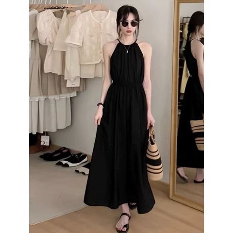 Váy đi biển, đầm Maxi 2 dây đen chấm pi hở lưng, 2 lớp, dễ thương phong cách Hàn Quốc