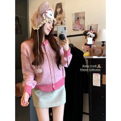 [có size] Áo khoác len hồng, cổ tròn, dài tay, cách điệu mẫu mới 2024