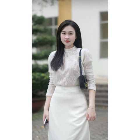 [Hàng May] Áo sơ mi ren công sở màu trắng sứ, thiết kế 2 lớp, vai phồng, dáng suông nhẹ, tay dài, cổ 3cm
