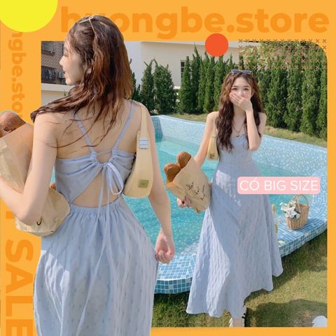 [sẵn] Váy đi biển, đầm maxi hai dây đi du lịch, hở lưng, 2 lớp,màu xanh pastel