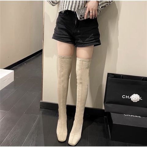 [size35-41] Bốt đùi qua gối, mũi vuông,chất da lộn, lót lông bên trong, gót vuông, trẻ trung Hàn Quốc 6,5cm