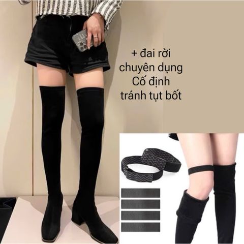 [size35-41] Bốt đùi qua gối, mũi vuông,chất da lộn, lót lông bên trong, gót vuông, trẻ trung Hàn Quốc 6,5cm