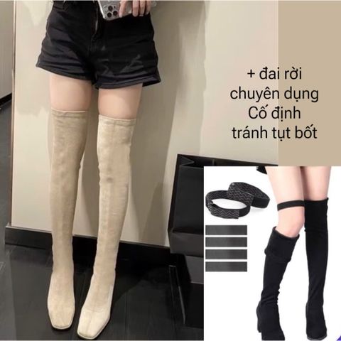 [size35-41] Bốt đùi qua gối, mũi vuông,chất da lộn, lót lông bên trong, gót vuông, trẻ trung Hàn Quốc 6,5cm