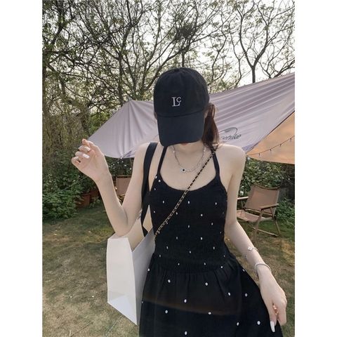 Váy đi biển, đầm Maxi 2 dây đen chấm pi hở lưng, 2 lớp, dễ thương phong cách Hàn Quốc