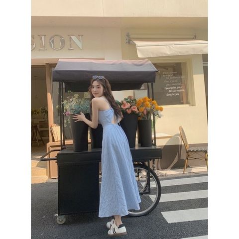 [sẵn] Váy đi biển, đầm maxi hai dây đi du lịch, hở lưng, 2 lớp,màu xanh pastel