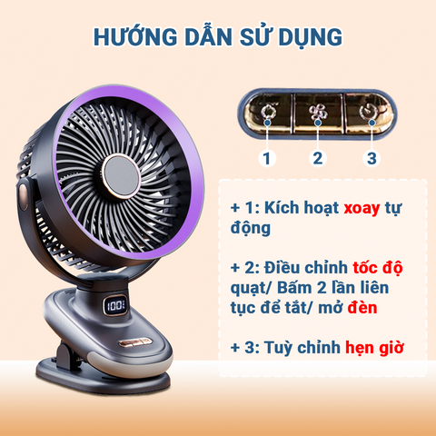 Hàng Cao Cấp - Quạt tích điện, Quạt kẹp mini hẹn giờ có đèn ngủ chỉnh tốc độ gió Pin dung lượng cao 20.000mah NA12