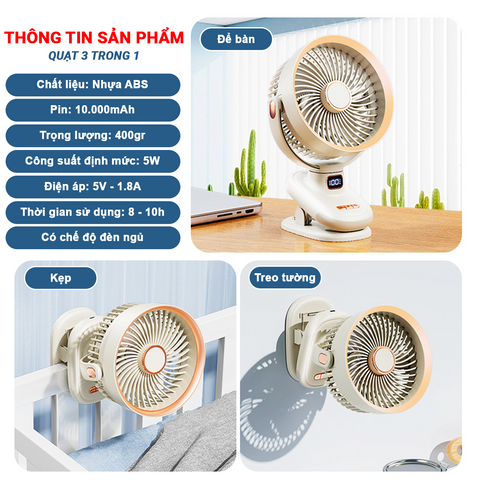 Hàng Cao Cấp - Quạt tích điện, Quạt kẹp mini hẹn giờ có đèn ngủ chỉnh tốc độ gió Pin dung lượng cao 20.000mah NA12