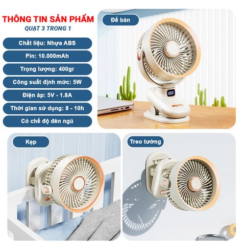 Hàng Cao Cấp - Quạt tích điện, Quạt kẹp mini hẹn giờ có đèn ngủ chỉnh tốc độ gió Pin dung lượng cao 20.000mah NA12