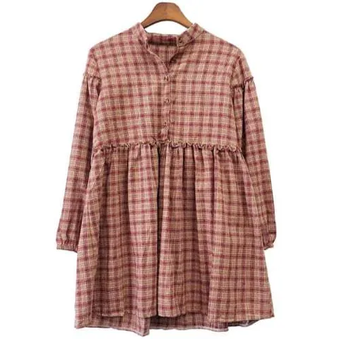 Đầm caro cổ trụ kiểu dáng babydoll