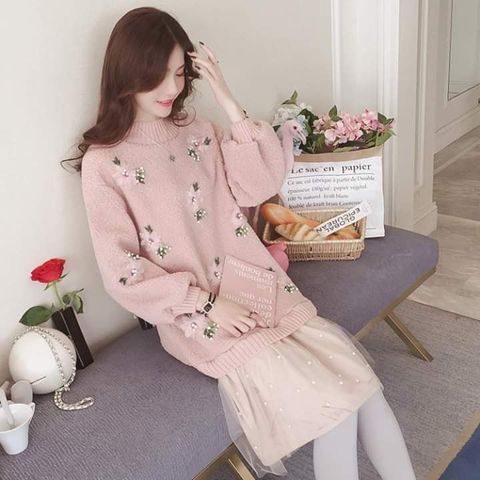 Đầm len đuôi cá đính hoa phong cách Hàn Quốc