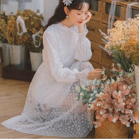 Đầm hoa mai tay dài phong cách Hàn Quốc