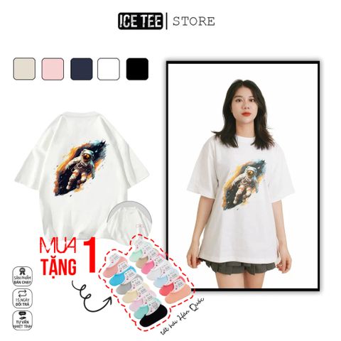 Áo Thun Nữ, Áo Phông Nam Nữ Unisex Tay Lỡ ICETEE Mã i46 Hình in Phi Hành Gia Chất Cotton Form Rộng Phong Cách Ulzzang