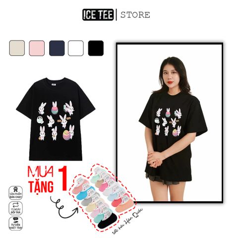 Áo Thun Nữ, Áo Phông Nam Nữ Unisex Tay Lỡ ICETEE Mã i19 Hình in Thỏ Con Cute Chất Cotton Form Rộng Phong Cách Ulzzang