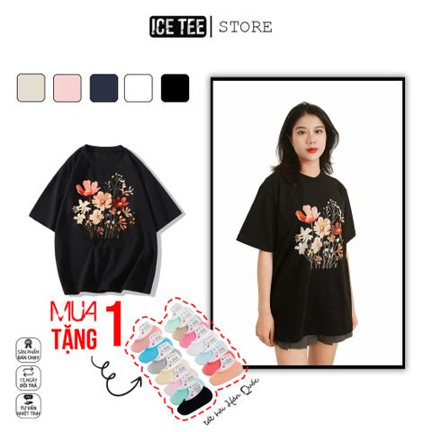 Áo Thun Nữ, Áo Phông Nam Nữ Unisex Tay Lỡ ICETEE Mã i49 Hình in Đóa hoa Cute Chất Cotton Form Rộng Phong Cách Ulzzang