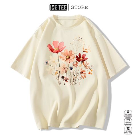 Áo Thun Nữ, Áo Phông Nam Nữ Unisex Tay Lỡ ICETEE Mã i49 Hình in Đóa hoa Cute Chất Cotton Form Rộng Phong Cách Ulzzang