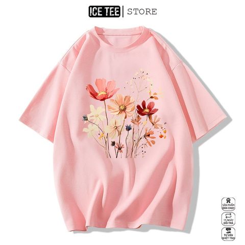 Áo Thun Nữ, Áo Phông Nam Nữ Unisex Tay Lỡ ICETEE Mã i49 Hình in Đóa hoa Cute Chất Cotton Form Rộng Phong Cách Ulzzang