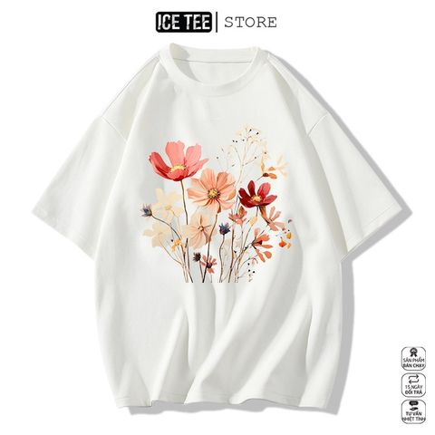 Áo Thun Nữ, Áo Phông Nam Nữ Unisex Tay Lỡ ICETEE Mã i49 Hình in Đóa hoa Cute Chất Cotton Form Rộng Phong Cách Ulzzang