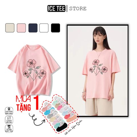 Áo Thun Nữ, Áo Phông Nam Nữ Unisex Tay Lỡ ICETEE Mã i53 Hình in Hoa Hồng Cute Chất Cotton Form Rộng Phong Cách Ulzzang