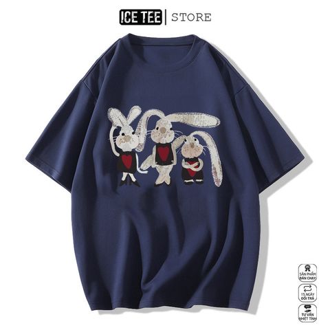 Áo Thun Nữ, Áo Phông Nam Nữ Unisex Tay Lỡ ICETEE Mã i34 Hình in gia đình thỏ, Chất Cotton Form Rộng Phong Cách Ulzzang