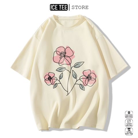 Áo Thun Nữ, Áo Phông Nam Nữ Unisex Tay Lỡ ICETEE Mã i53 Hình in Hoa Hồng Cute Chất Cotton Form Rộng Phong Cách Ulzzang