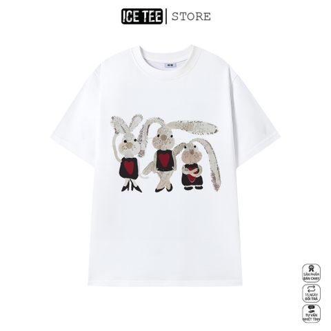 Áo Thun Nữ, Áo Phông Nam Nữ Unisex Tay Lỡ ICETEE Mã i34 Hình in gia đình thỏ, Chất Cotton Form Rộng Phong Cách Ulzzang