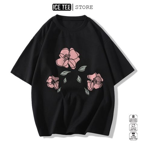 Áo Thun Nữ, Áo Phông Nam Nữ Unisex Tay Lỡ ICETEE Mã i53 Hình in Hoa Hồng Cute Chất Cotton Form Rộng Phong Cách Ulzzang