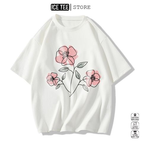 Áo Thun Nữ, Áo Phông Nam Nữ Unisex Tay Lỡ ICETEE Mã i53 Hình in Hoa Hồng Cute Chất Cotton Form Rộng Phong Cách Ulzzang