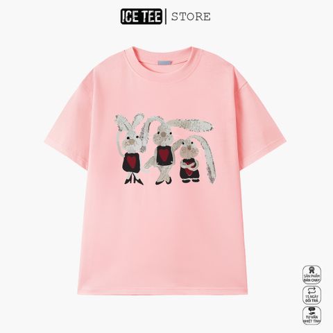 Áo Thun Nữ, Áo Phông Nam Nữ Unisex Tay Lỡ ICETEE Mã i34 Hình in gia đình thỏ, Chất Cotton Form Rộng Phong Cách Ulzzang