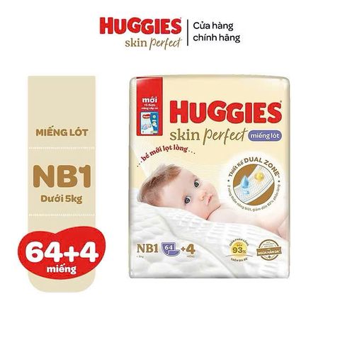 Miếng lót sơ sinh Huggies Perfect NB1 64+4 miếng dùng cho trẻ dưới 5kg,với 2 vùng thấm hút nhanh giảm kích ứng da cho bé