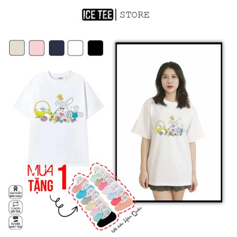 Áo Thun Nữ, Áo Phông Nam Nữ Unisex Tay Lỡ ICETEE Mã i12 Hình in hình Thỏ Cute Chất Cotton Form Rộng Phong Cách Ulzzang