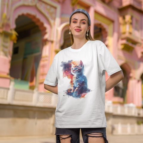 Áo Thun Nữ, Áo Phông Nam Nữ Unisex Tay Lỡ ICETEE Mã i47 Hình in Galaxy Cat Ngầu Chất Cotton Form Rộng Phong Cách Ulzzang