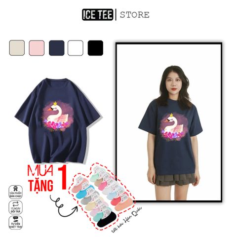 Áo Thun Nữ, Áo Phông Nam Nữ Unisex Tay Lỡ ICETEE Mã i29 Hình in Thiên Nga Cute Chất Cotton Form Rộng Phong Cách Ulzzang