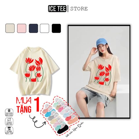 Áo Thun Nữ, Áo Phông Nam Nữ Unisex Tay Lỡ ICETEE Mã i40 Hình in Bông Sen Cute Chất Cotton Form Rộng Phong Cách Ulzzang