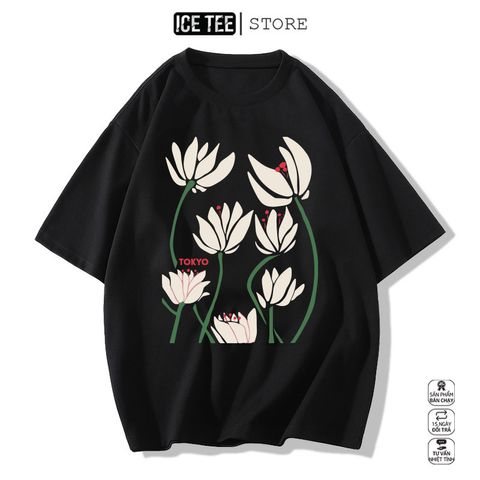 Áo Thun Nữ, Áo Phông Nam Nữ Unisex Tay Lỡ ICETEE Mã i40 Hình in Bông Sen Cute Chất Cotton Form Rộng Phong Cách Ulzzang