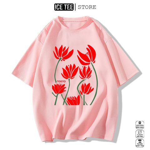 Áo Thun Nữ, Áo Phông Nam Nữ Unisex Tay Lỡ ICETEE Mã i40 Hình in Bông Sen Cute Chất Cotton Form Rộng Phong Cách Ulzzang