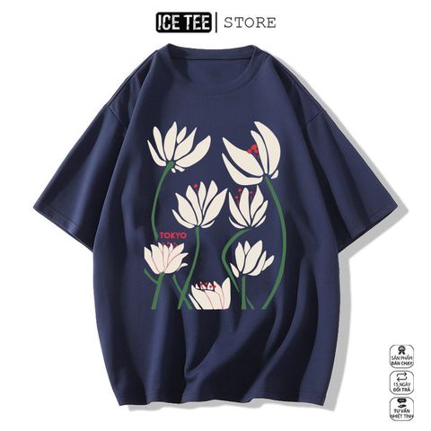 Áo Thun Nữ, Áo Phông Nam Nữ Unisex Tay Lỡ ICETEE Mã i40 Hình in Bông Sen Cute Chất Cotton Form Rộng Phong Cách Ulzzang