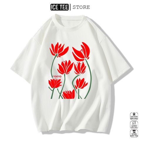 Áo Thun Nữ, Áo Phông Nam Nữ Unisex Tay Lỡ ICETEE Mã i40 Hình in Bông Sen Cute Chất Cotton Form Rộng Phong Cách Ulzzang