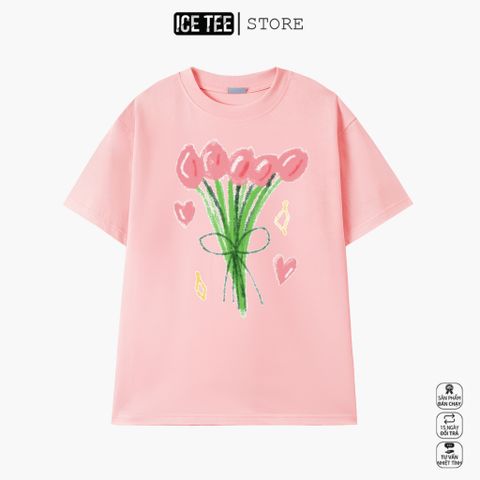 Áo Thun Nữ, Áo Phông Nam Nữ Unisex Tay Lỡ ICETEE Mã i17 Hình in Hoa Cute Chất Cotton Form Rộng Phong Cách Ulzzang