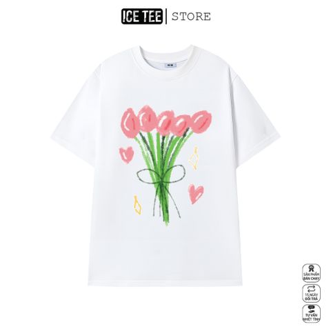 Áo Thun Nữ, Áo Phông Nam Nữ Unisex Tay Lỡ ICETEE Mã i17 Hình in Hoa Cute Chất Cotton Form Rộng Phong Cách Ulzzang