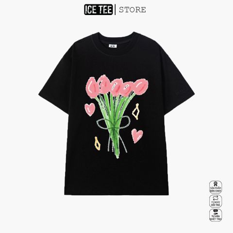 Áo Thun Nữ, Áo Phông Nam Nữ Unisex Tay Lỡ ICETEE Mã i17 Hình in Hoa Cute Chất Cotton Form Rộng Phong Cách Ulzzang