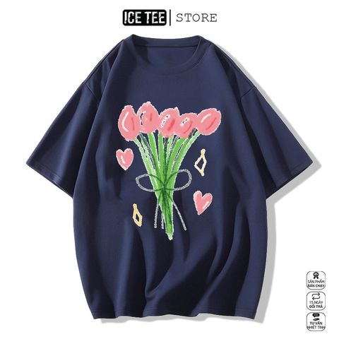 Áo Thun Nữ, Áo Phông Nam Nữ Unisex Tay Lỡ ICETEE Mã i17 Hình in Hoa Cute Chất Cotton Form Rộng Phong Cách Ulzzang