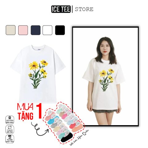 Áo Thun Nữ, Áo Phông Nam Nữ Unisex Tay Lỡ ICETEE Mã i16 Hình in Hoa Mai Cute Chất Cotton Form Rộng Phong Cách Ulzzang