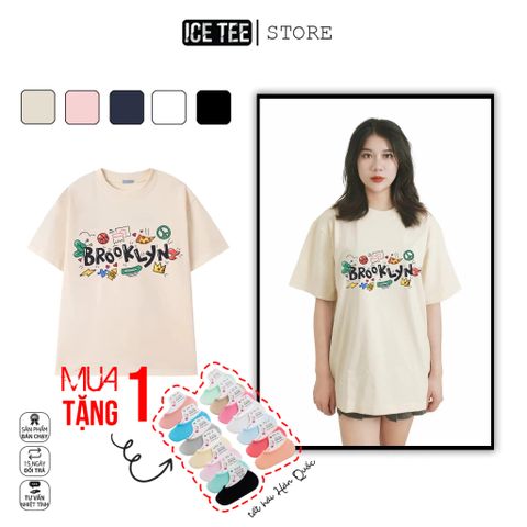 Áo Thun Nữ, Áo Phông Nam Nữ Unisex Tay Lỡ ICETEE Mã i19 Hình in Brooklyn Cute Chất Cotton Form Rộng Phong Cách Ulzzang