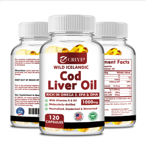 (120viên) Viên nang mềm dầu gan cá tuyết Grevip Iceland - Dầu cá EPA DHA Omega 3 đánh bắt tự nhiên 1000mg mỗi khẩu phần - Vitamin D3 & A cho tim, khớp, não và hỗ trợ miễn dịch