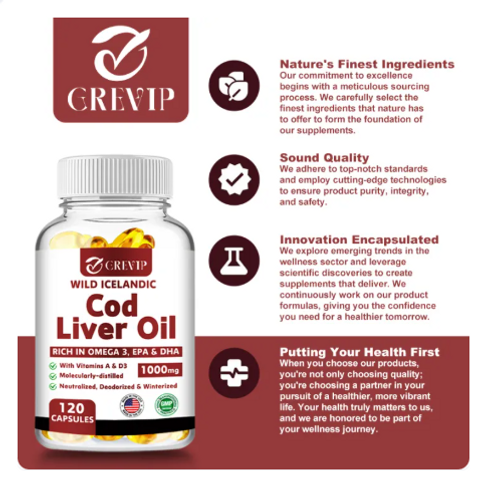 (60 viên) Viên nang mềm dầu gan cá tuyết Grevip Iceland - Dầu cá EPA DHA Omega 3 đánh bắt tự nhiên 1000mg mỗi khẩu phần - Vitamin D3 & A cho tim, khớp, não và hỗ trợ miễn dịch