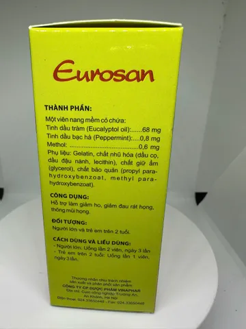 Eurosan Giảm ho, thông thoáng mủi họng, đau rát họng, khản tiếng, hắt hơi sổ mũi, cảm lạnh viên 100 ml
