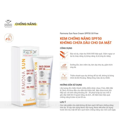 Kem Chống Nắng Farmona Sun Face Cream Oil Free SPF50 Không Chứa Dầu Cho Da Mặt Dầu Mụn 50ml