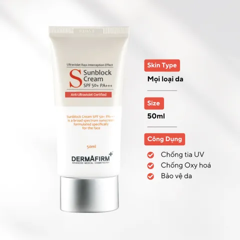 HÀNG CÔNG TY - Kem Chống Nắng Dermafirm Sun Block Cream SPF50+PA+++ Y Khoa Không Nhờn Rít Cho Da Dầu, Khô, Mụn, Nhạy Cảm